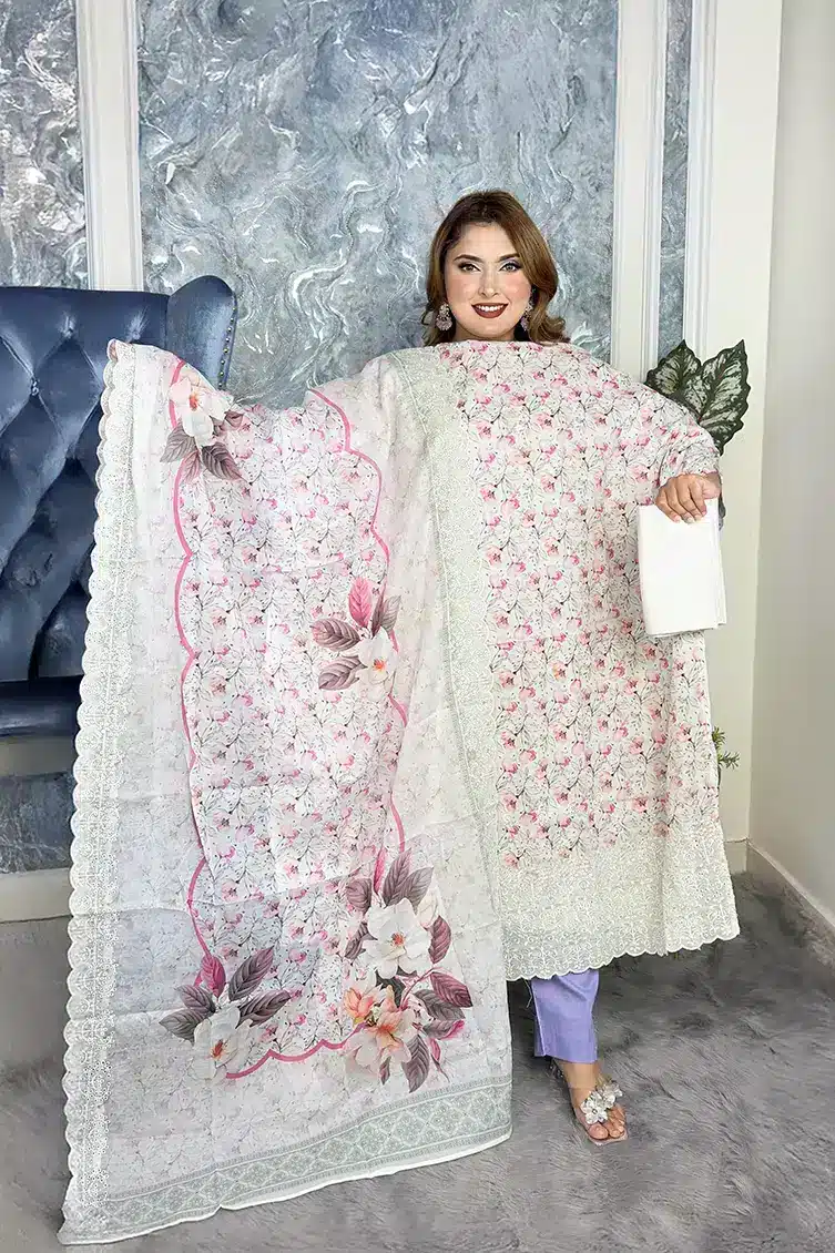 Unstitched Premium cotton 3-piece(Base Ashy white)