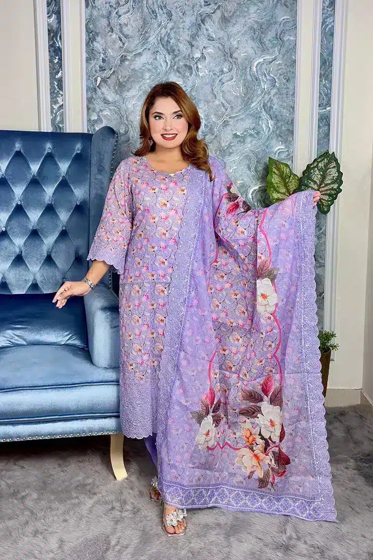 Unstitched Premium cotton 3-piece(Lavender color)