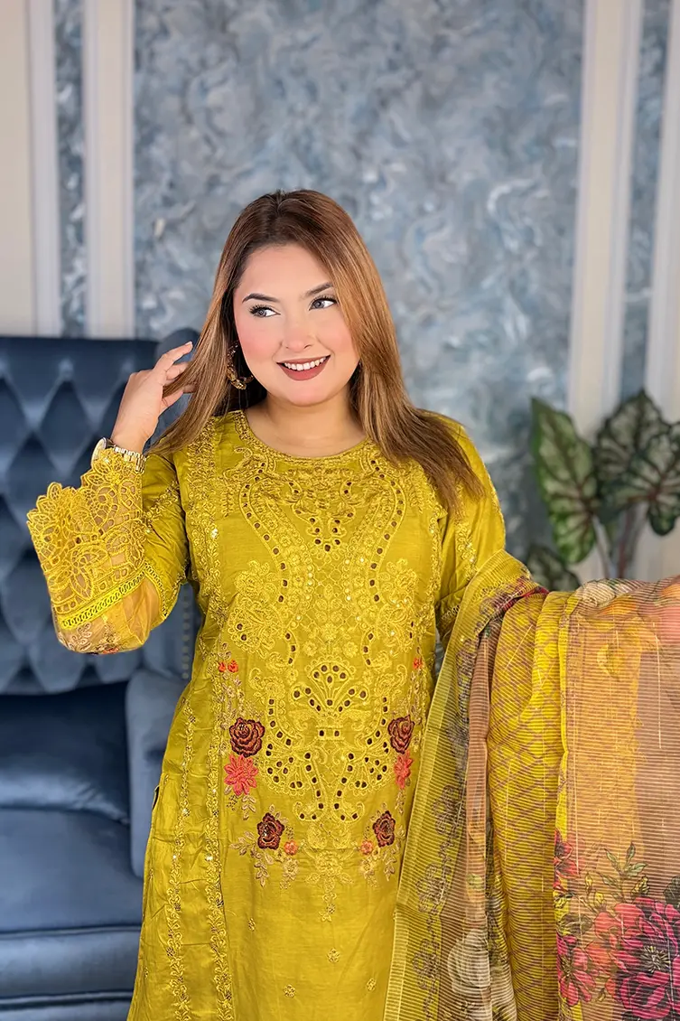 Alternative view of Pakistani Inspired Gorgeous Party 3-piece(Olive Green)