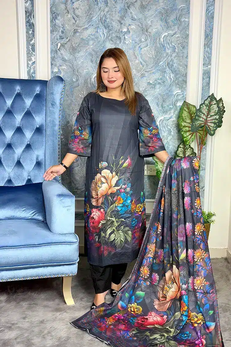 Alternative view of Pakistani Inspired Premium SWISS LAWN 3-piece(Black)